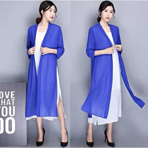 Plus Size M-7XL 8XL Women Solid Chiffon Tops Kimono Nine Quarter Sleeves Long Cardigan Shirts Split Loose Slim Open Front Tops