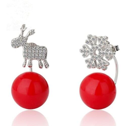 Hot Sale Design 2017 New Fashion Snowflake and Deer Red Pearl 925 Sterling Silver Stud Earrings for Women Girls Jewelry Gift