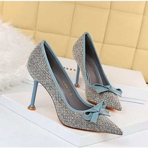 2021 Spring Fashion Women 9.5cm Blue Thin High Heels Pumps Stiletto Sweet Lady Butterfly Knots Office Ladies Bridal Dress Shoes