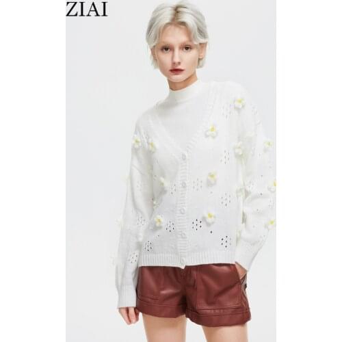 ZIAI Womens Autumn Winter Cardigan Knitted Sweater 2021 Korean Style Oversize Top V-Neck Hollow Female Long Sleeve BlouseZMY014