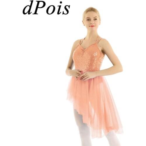 Women Adults Halter Neck Sequins Irregular Tulle Ballet Dance Gymnastics Leotard Dress Shiny Dancing Tutu Dresses For Ballerina