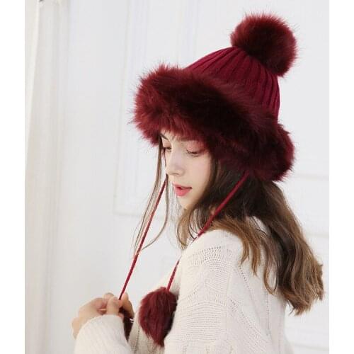 Winter Knitted Hat Fox fur ball hat fur hat women winter thick warm knitted fur ball hat Fashion cute hat