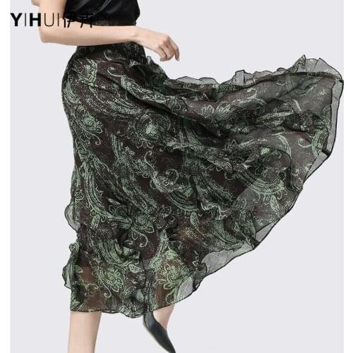 2021 Summer New High Waist A-Line Ruffles Green Printed Chiffon Maxi Skirts Fashion Ankle-Length Plus Size Pleated Women' Skirt