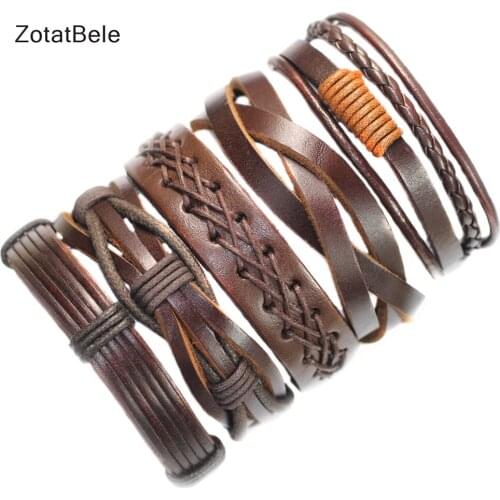 ZotatBele Handmade bracelet Wholesale 5pcs/lot ethnic tribal genuine wrap charm male pulsera Brown leather bracelets bangle F73