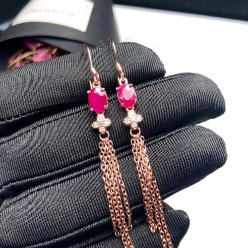 Almei Verified Ruby Drop Tassel Earrings for Women, 925 Sterling Silver, 5*7mm Jewelry with Velvet Box Certificate FR132