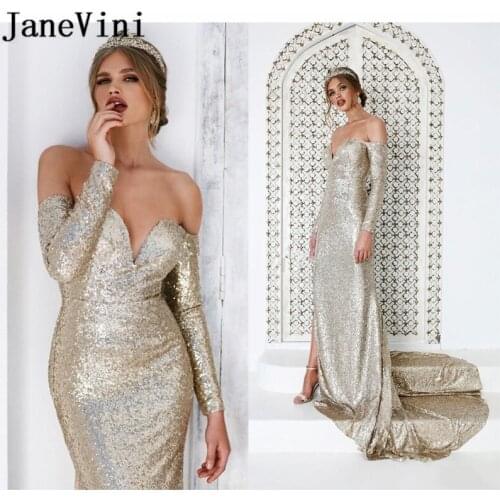 JaneVini Sparkle Champagne Sequin Evening Dress Dubai Mermaid Sexy Long Sleeve Evening Gown Backless Arabic Women Formal Dresses
