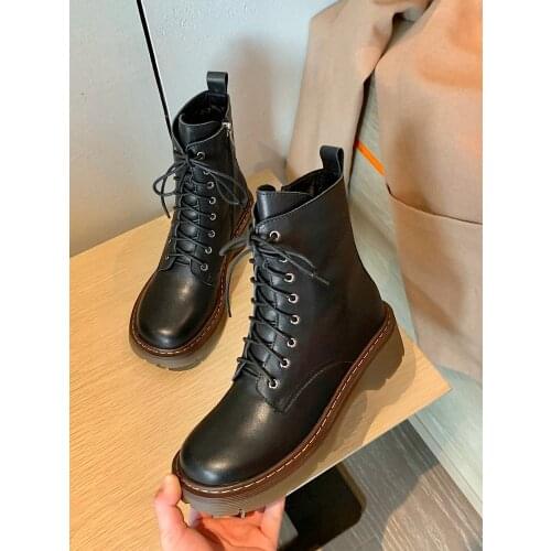 EshtonShero Women Shoes Leather Motorcycle Boots Height Square High Heel Round Toe Platform Female Casual Ankle Strap Size 3-9