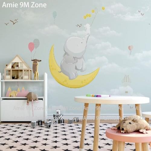 Kids wallpaper mural pale green blue color cartoon animals elephant moon for kids room all decor discount customers wall size