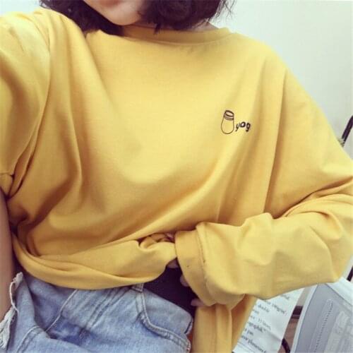 T-shirt Women Long Sleeve Korean Harajuku T Shirt Womens Loose Yellow White Tees Funny Cartoon Pattern Printed Female Clothing
