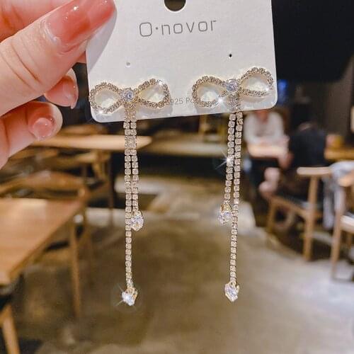 Korean Fashion Elegant Wild Long Rhinestone Bow Heart Shaped Dangle Earrings For Women New 2021 Trend Earings Jewelry Gifts