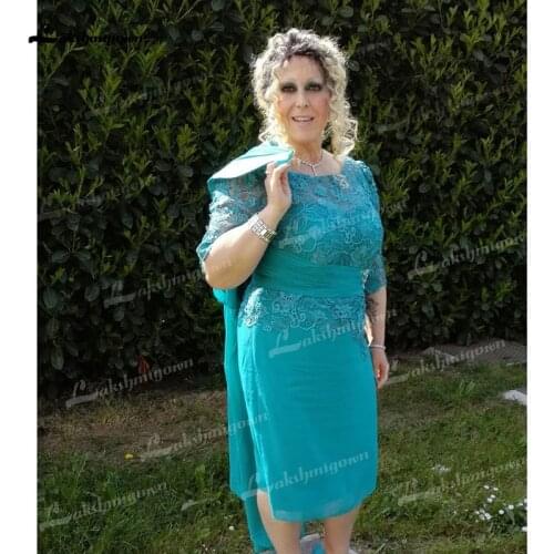 2021 O Neck Lace Chiffon Outfit Coat Three Quarter Knee-Length Mother Of The Bride Dresses Evening Dress Wedding Party Dresses