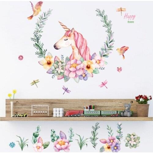 Cartoon unicorn petal birds large wall stickers animal home decor living room bedroom art decals wallpaper