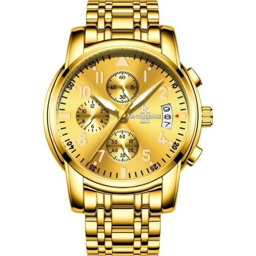 ONTHEEDGE Mens Gold Watch Chronograph Quartz Movement Luminous Dial and Hands Stainless Steel Band For Men Zegarki Damskie