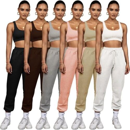 Solid Casual Tracksuit Tank Crop Top 2 Pieces Sweatsuit Sets Women Drawstring Long Sweatpants Autumn Spring Outfit Matching Set