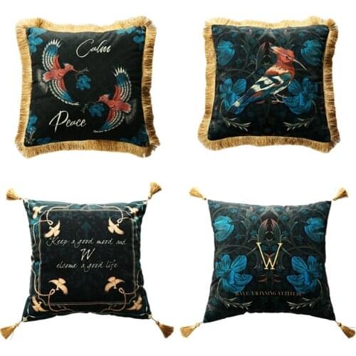 Luxury Animal Style Beautiful Birds Cushion Cover Velvet Couch Throw Pillow Case Sham Pillowcase Dark Green 30X50cm