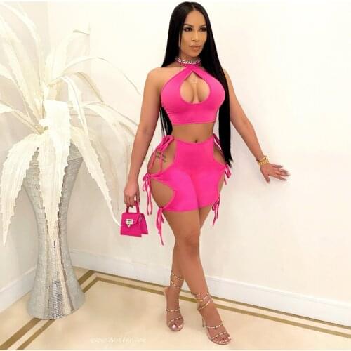 Sexy Shorts Set Women Solid Cross Halter Crop Tops Drawstring Waist Hollow Out Elastic Bandage Shorts 2 Piece Set Summer Outfits