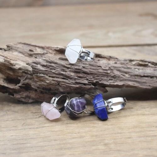 Silver Color Wire Wrap Faceted Lapis Lazuli Ring Healing Crystal Amethysts Rose Quartz Adjustable Fashion Ring Jewelry,QC4028