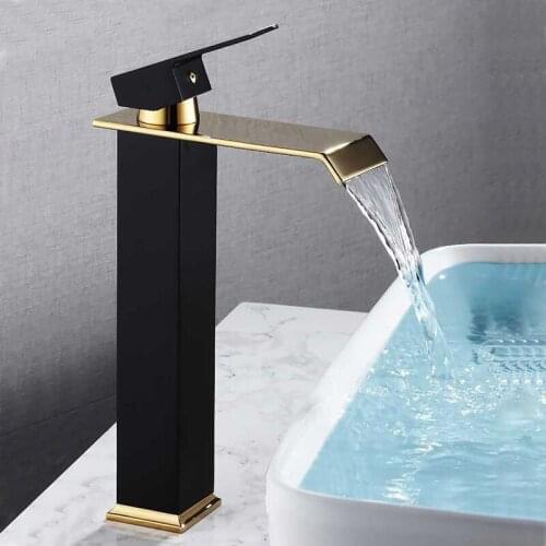 Basin Sink Faucet Black and Gold Brass Waterfall Taps Hot and Cold Single Handle Bathroom Faucet Basin Crane Taps Sink Mixer Tap