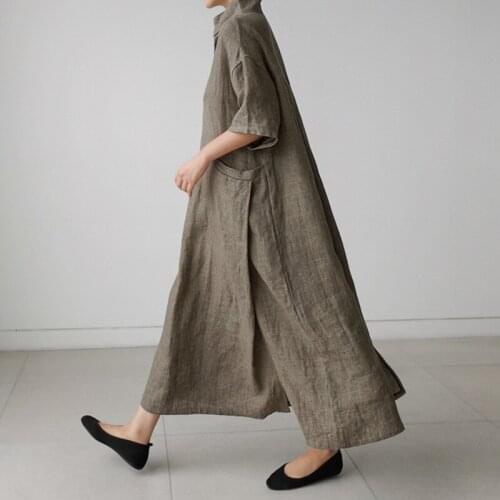 Loose large size shirt dress student cotton hemp fashion show long and thin over knee linen210597