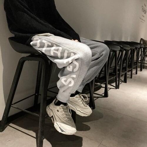 Warm Overalls Autumn and Winter Mens Letter Printing Plus Velvet Thickening Casual Trousers Tied Elastic Waist Pants