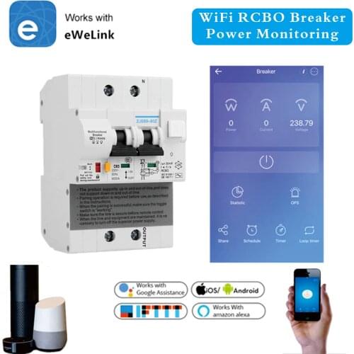 Smart RCBO Circuit Breaker 2P WiFi MCB eWelink Wireless Control Energy Monitoring Leakage Current Protection Alexa Compatible