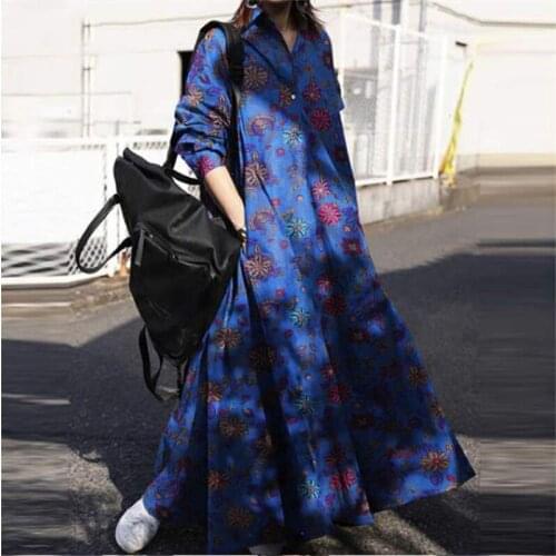 Female Autumn Cotton Linen Vestidos Oversized Dress Vintage Loose Casual Dress Floral Printed Dress Turn-Down Collar Sundress