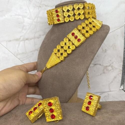 Conjuntos de joias etíopes de cor dourada, pedras coloridas, colar/brincos/anel/pulseira, bracelete africano, casamento erército