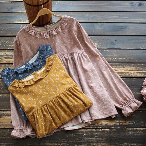 8793 New Spring Women Tops Japan Style Literary Long Sleeve Ruffle Collar Print Loose Women Shirt