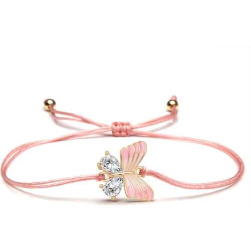 White Zirconia Crystal Pink Butterfly Charm Bracelet For Women Girl Red String Pull Cord Adjustable Insect Cute Jewelry Gift