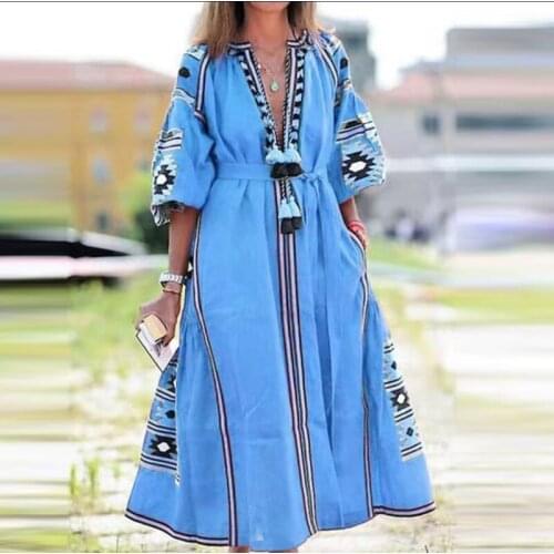 2021 womens retro digital printing irregular long dress 2021 summer V-neck party dress spring long sleeve A-line long dress