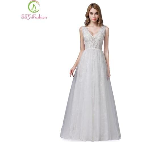 SSYFashion New Luxury White Evening Dress Sexy V-neck Lace Appliques Beading Backless Long Formal Prom Gown Robe De Soiree