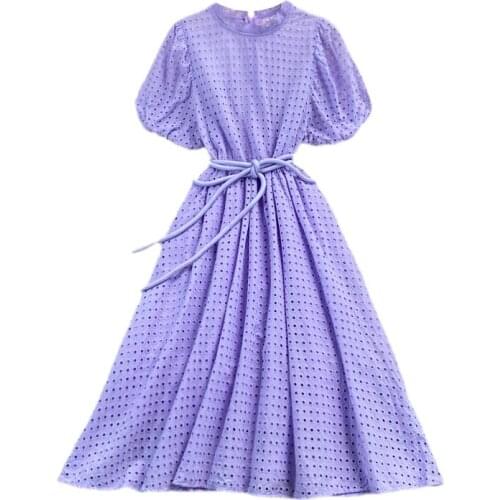 New Summer Women Stand Collar Puff Sleeve Bandage Slim Dress High Quality Embroidery Hollow Out Vintage Cotton Dress