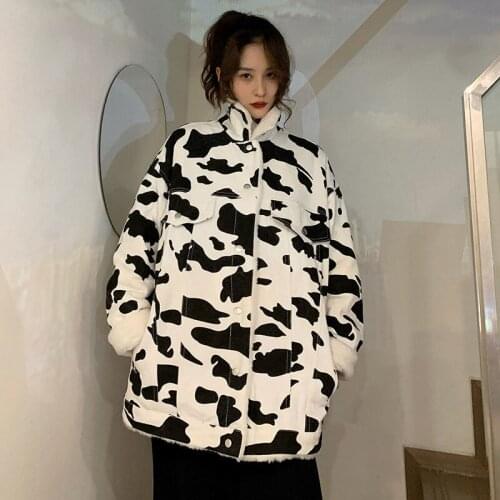 Winter Harajuku Girl Cow Cotton Padded Coat Lambskin Slim Fit Long Lovely Girl Cotton Padded Coat Punk Style Cow Cotton Clothes