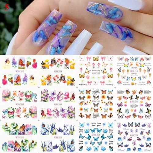 12pcs Geometric Pattern Nail Patch Avocado Nail Stickers Hot Manicure Decoration Butterfly Water Decals Abstract Girl Transfer