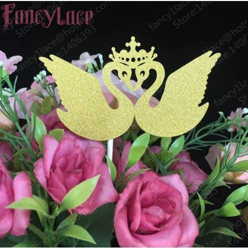 12X Gold Glitter Swan Wedding Cake Topper, wedding cupcake toppers, engagedment party cupcake topper picks, wedding Decorations