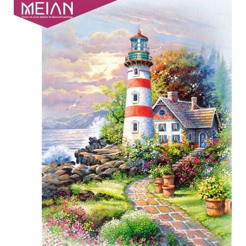 2020 MEIAN "Lighthouse house scenery" Full Round Drill 5D DIY Diamond Painting Embroidery Cross Stitch 3D Home Decor