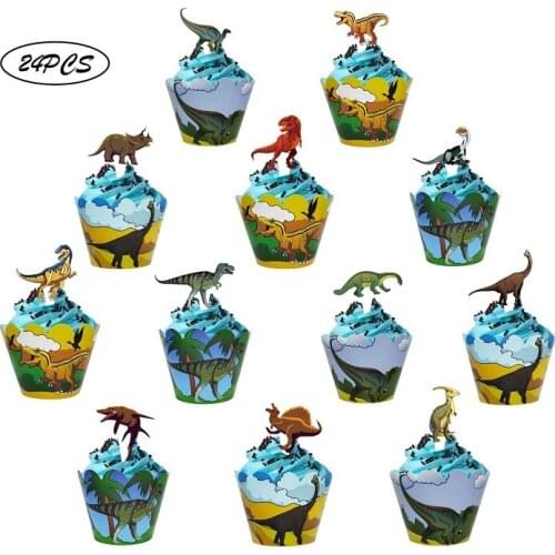 24pcs Dinosaur Cupcake Wrappers Toppers Dinosaur Cupcake Cups Jurassic World Boys Kids Dino Party Supplies Birthday Decorations