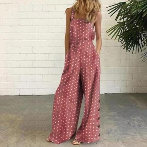 80% Hot Sales!! Women Suspender Jumpsuit Sleeveless Pockets Polka Dots Print Wide Leg Loose Playsuit Dungarees for Travel