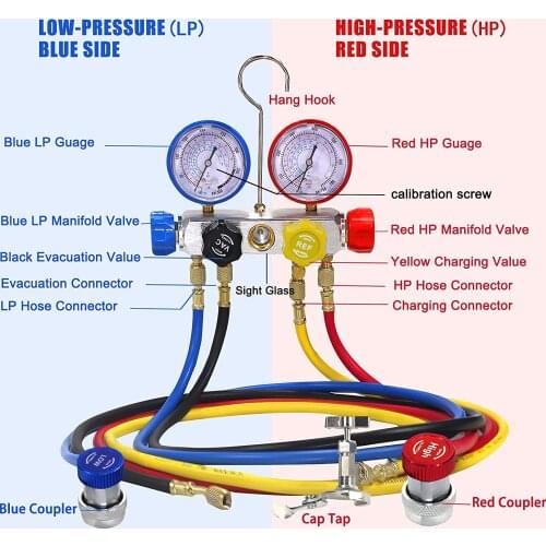 For R134A R410A R22 Current Divider Meter Tools Set Refrigerants Air Conditioning AC Diagnostic Manifold Gauges 4 Table Valves