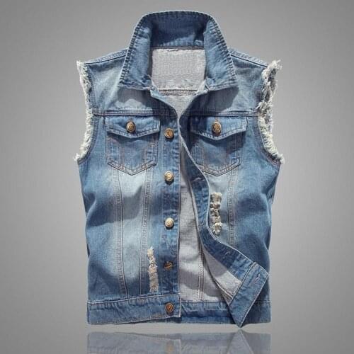 Cowboy Denim Vest Men Waistcoat Cool Ripped Single-breasted Denim Waistcoat Hip-hop Sleeveless Men Vest for Hippie Streetwear