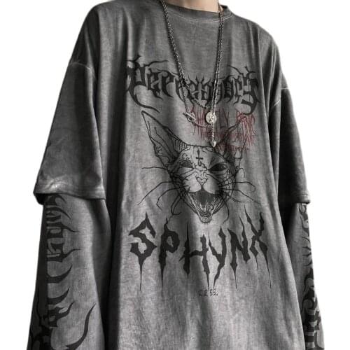 Punk Cat T Shirt Streetwear Cool Patchwork Tshirt Harajuku Summer Tops Tees Spring Long Sleeve High Street Loose Japan T-Shirt