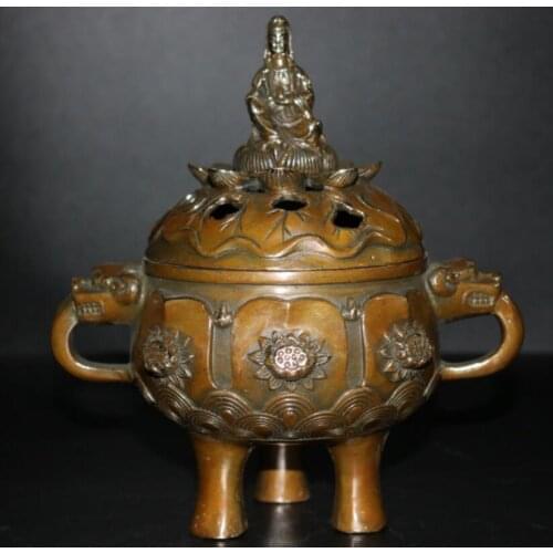 China brass Goddess of mercy bodhisattva Incense burner crafts statue