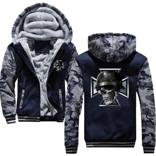 Cross Skull Jacket Men Plus Velvet Thick Fleece Camouflage Hoodie Men Coat Winter Pattern Fashion Casual Sweatshirt Men New