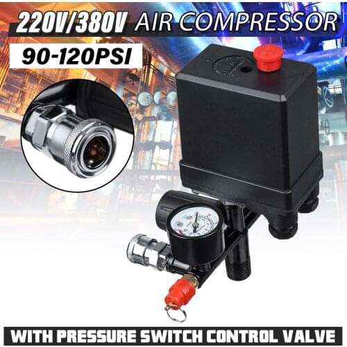 220V/380V 90-120 psi Air Compressor Pump with Pressure Switch Control Valve Manifold Relief Regulator with Gauge