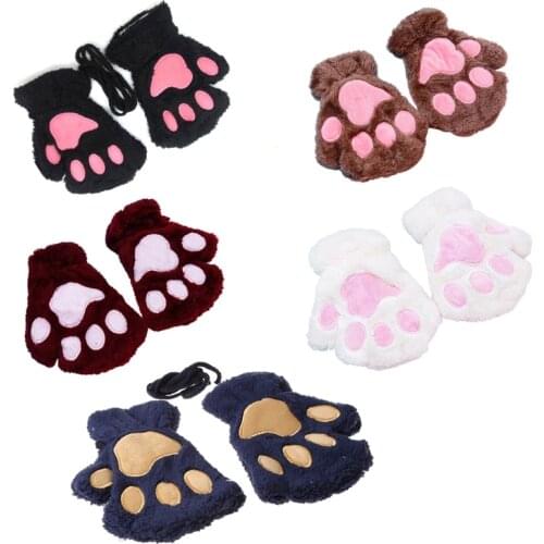 2021 New Women Winter Warm Half Finger Gloves Cartoon Cat Paw Plush Fingerless Mittens