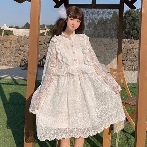 Spring 2020 new sweet fairy hollow lace fungus long-sleeved mid-length gothic lolita dress women kawaii clothing loli dress