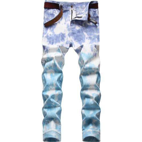 New Mens Male Fancy Color Tie and Dye Print Jeans Fashion Slim Straight Stretch Denim Pants Painted Trousers