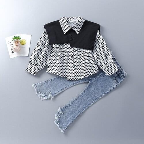 2-7 Years High Quality Spring Girl Clothing Set 2021 New Fashion Casual Dot Shirt + Jeans Kid Children Girls Clothing