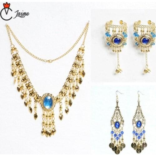 Belly Dance Bollywood 5 Pieces Necklace Earrings Bracelets Gold Plated Jewelry Set Indian Dance Costume Accessories