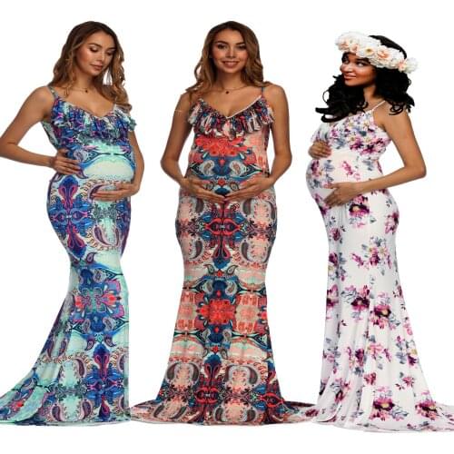 Fashion Maternity Shoot Dress Floral Print Maternity Gown Photo Prop Long Pregnancy Dress Photography Clothes For Pregnant Women